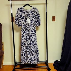 THE GREAT Pleated Ravine Dress Autumn Leaves in blue & ceam Size 1 NWT